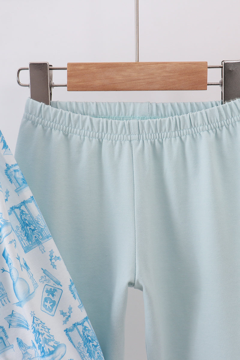 Blue snowman christmas tree smocked ruffle pants set