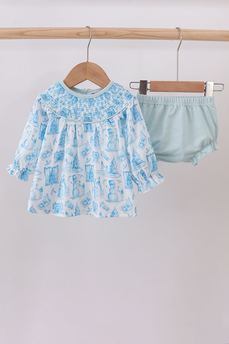 Blue snowman christmas tree smocked bloomer set