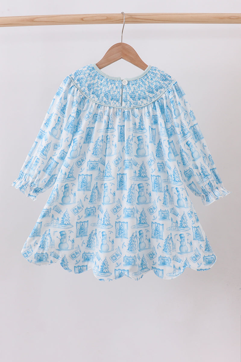 Blue snowman christmas tree smocked dress