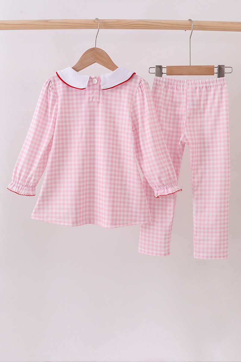 Pink santa claus embroidery gingham pants set