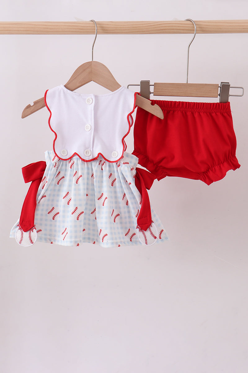 Baseball applique ruffle gingham bloomer set