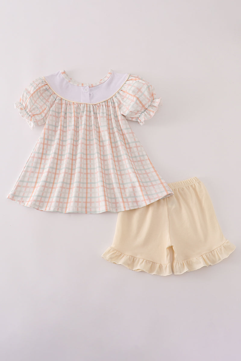 Neutral plaid french knot ruffle shorts set