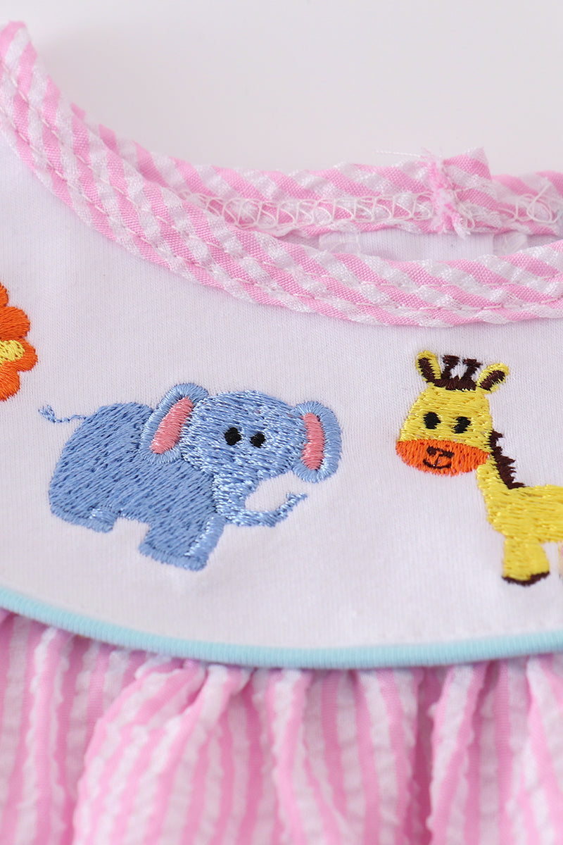 Pink seersucker animal embroidery dress