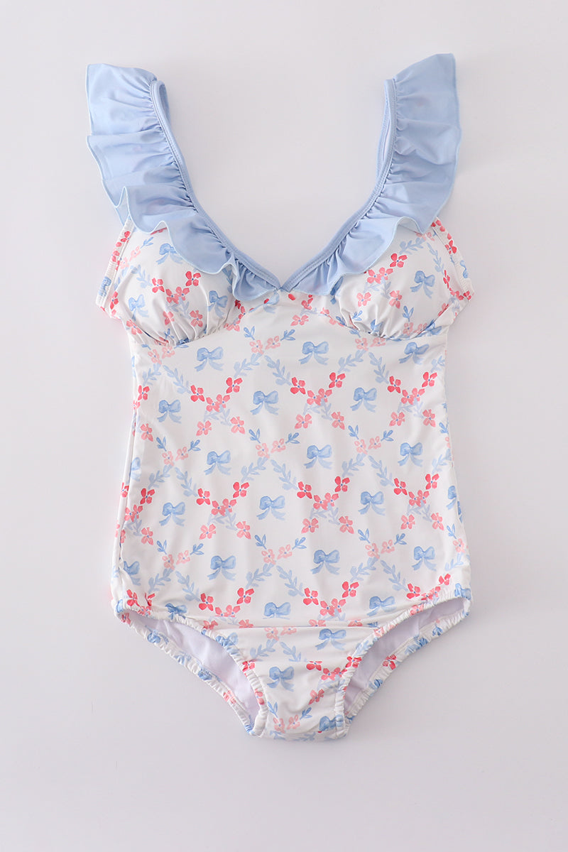 Blue bow lattice print  mom swimsuit