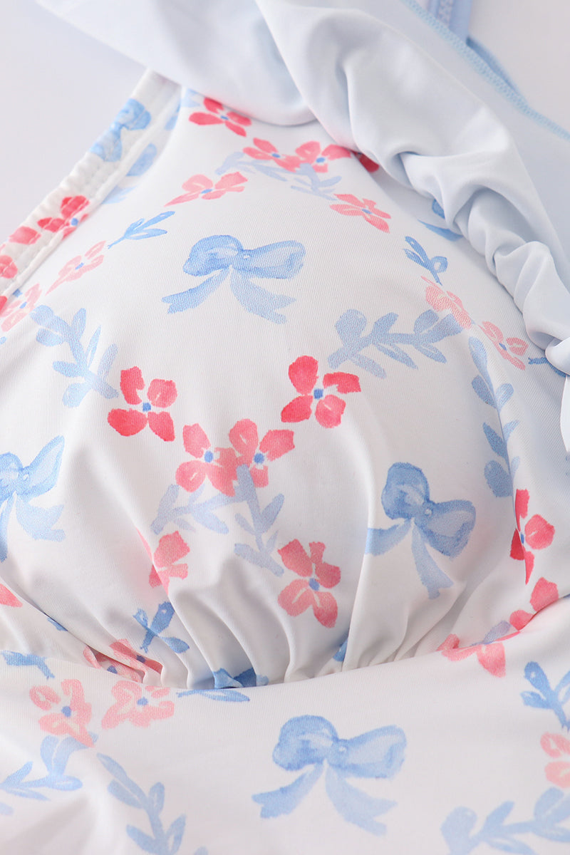 Blue bow lattice print  mom swimsuit