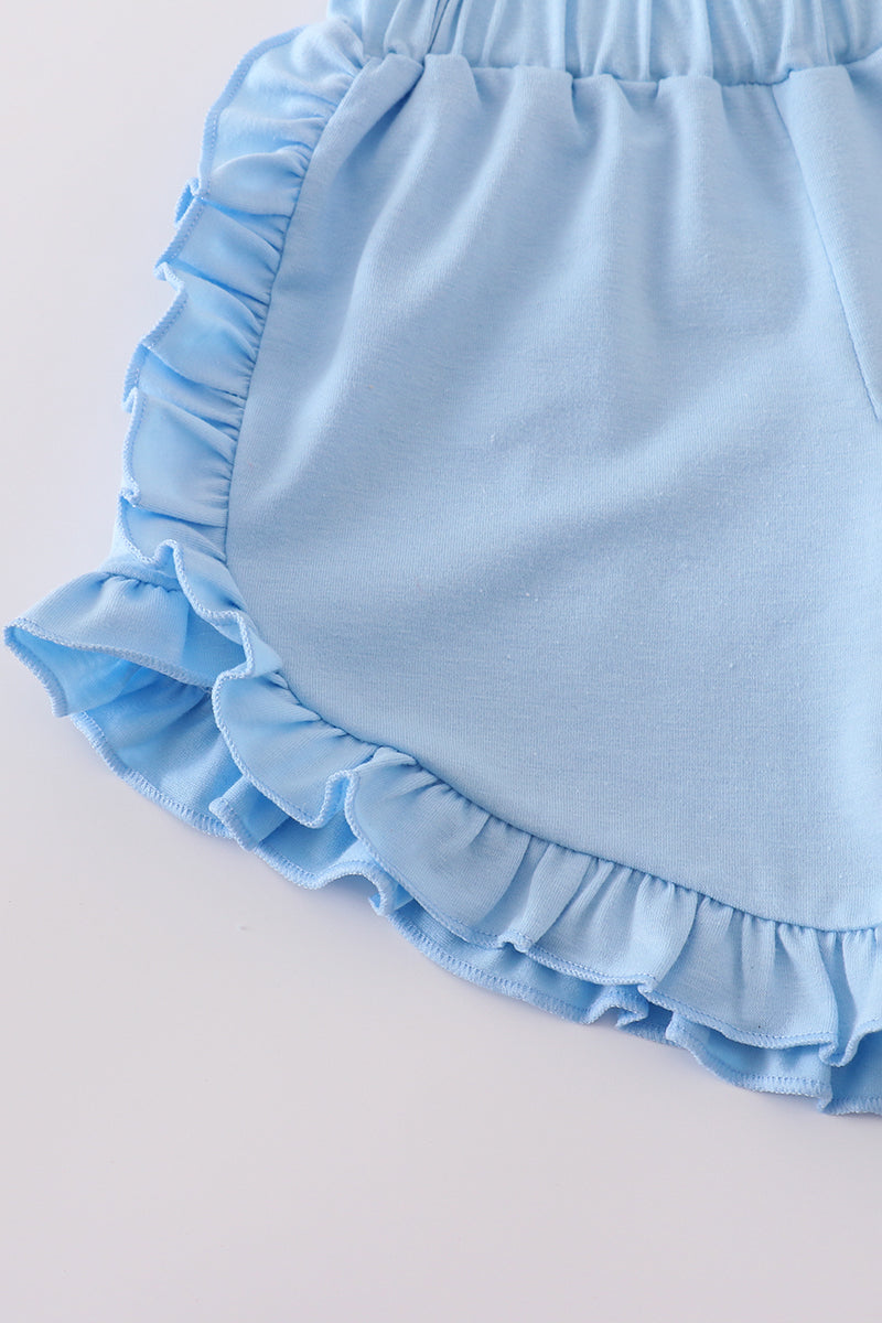 Blue flag embroidery smocked shorts set