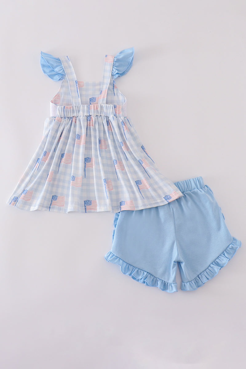 Blue flag embroidery smocked shorts set