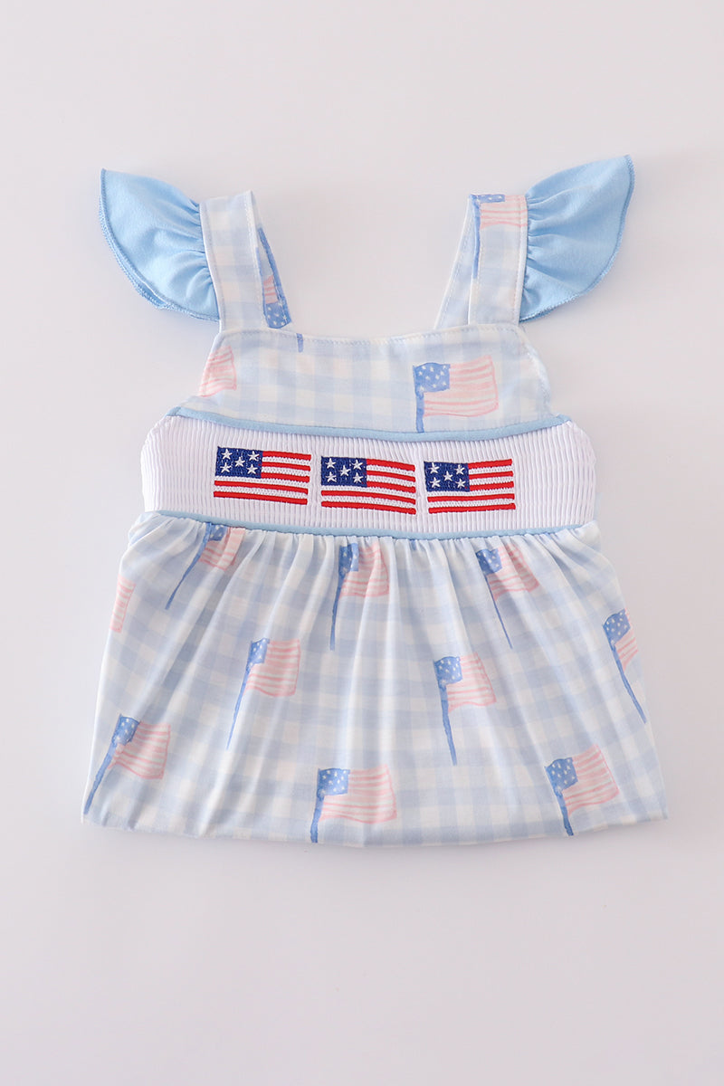 Blue flag embroidery smocked shorts set