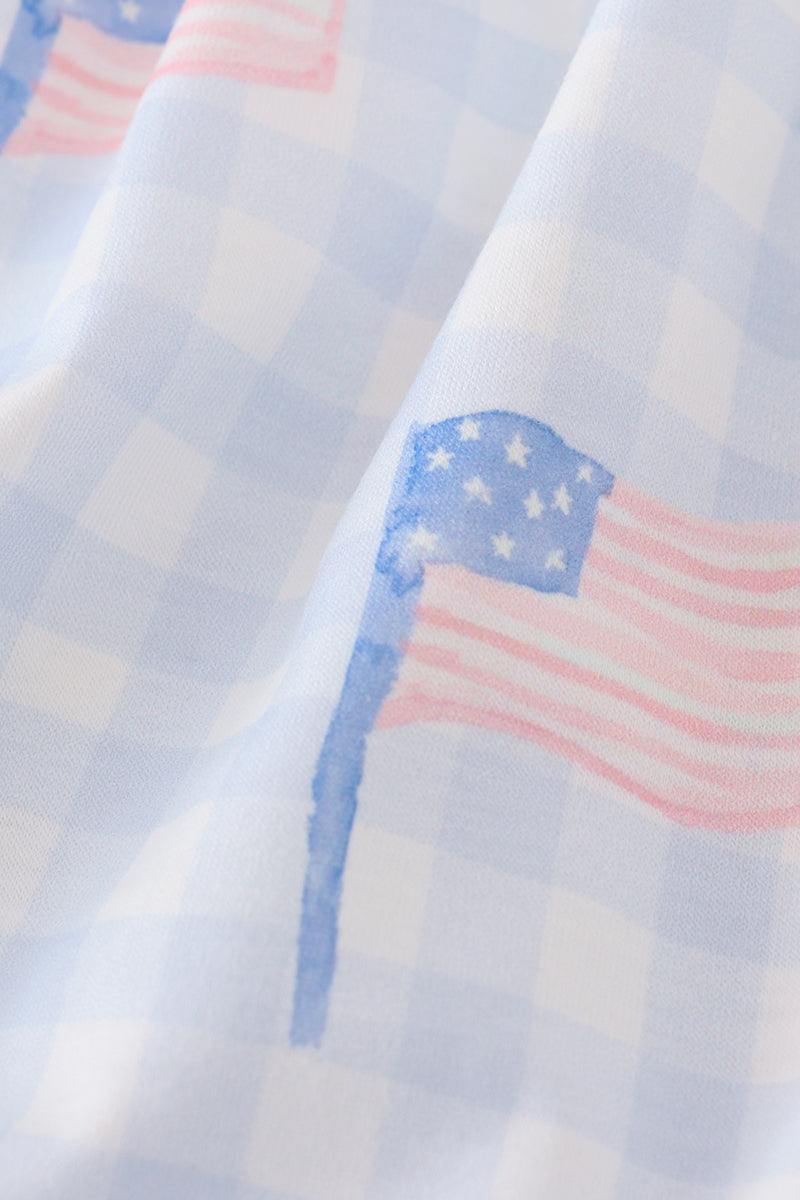 Blue flag embroidery smocked gingham dress