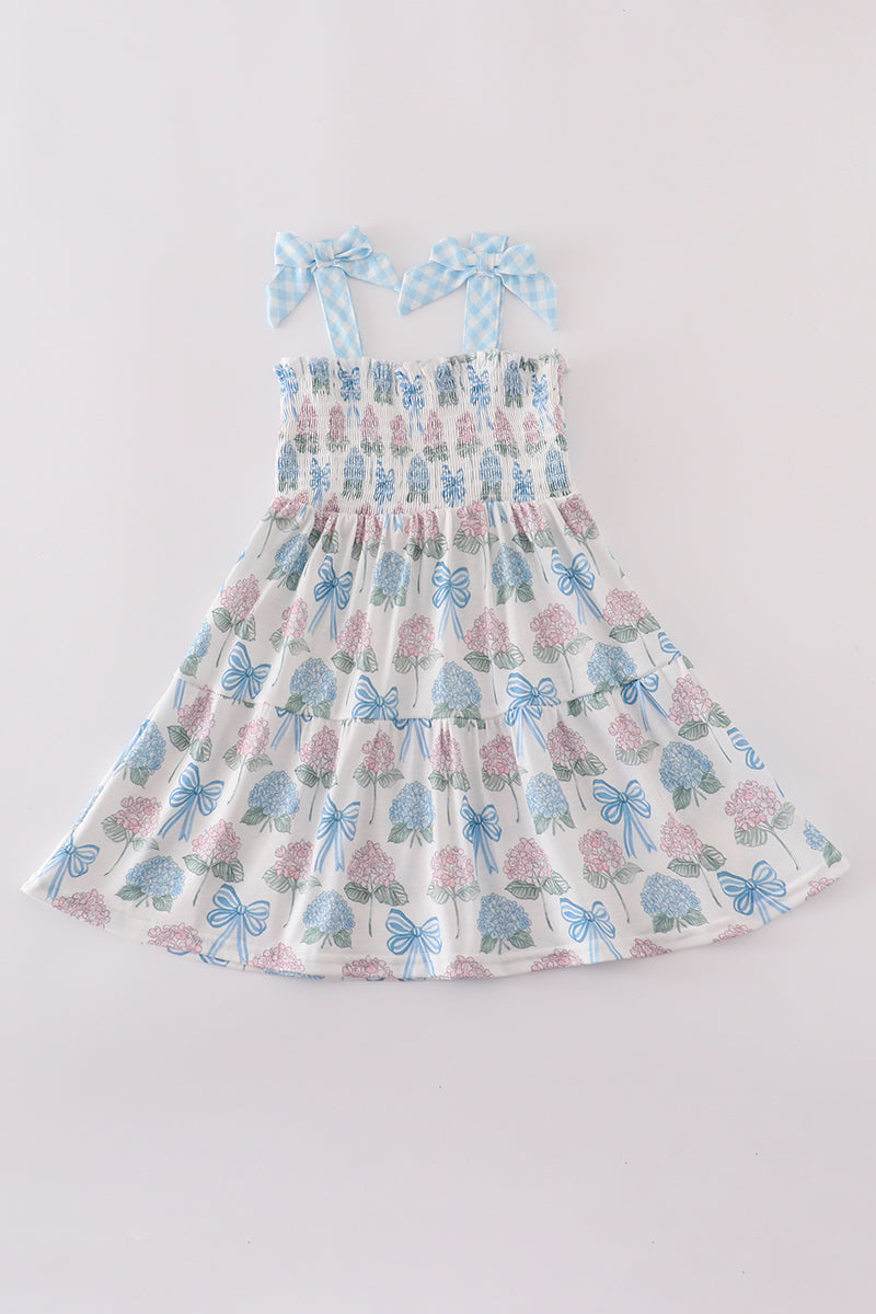 Blue hydrangea bow smocked mom&me dress