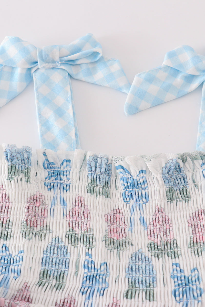 Blue hydrangea bow smocked mom&me dress