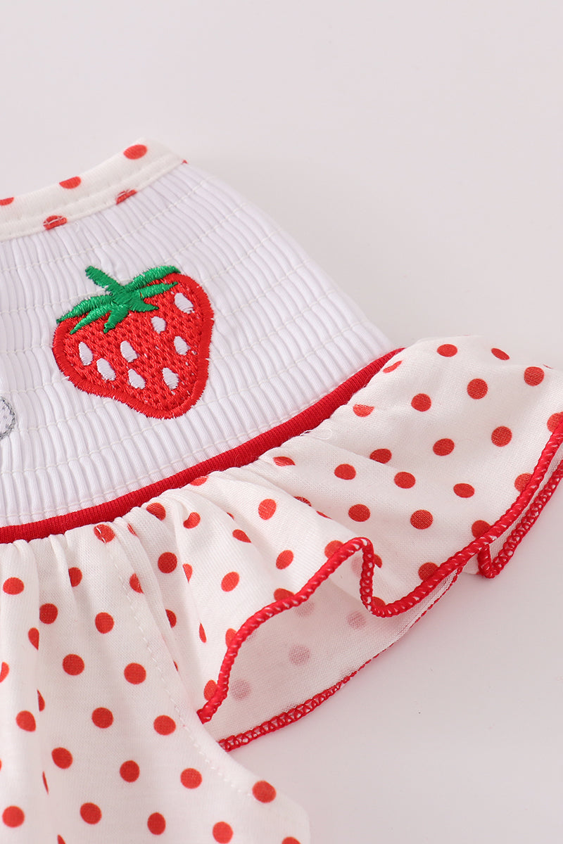 Red dot strawberry embroidery smocked bloomer set