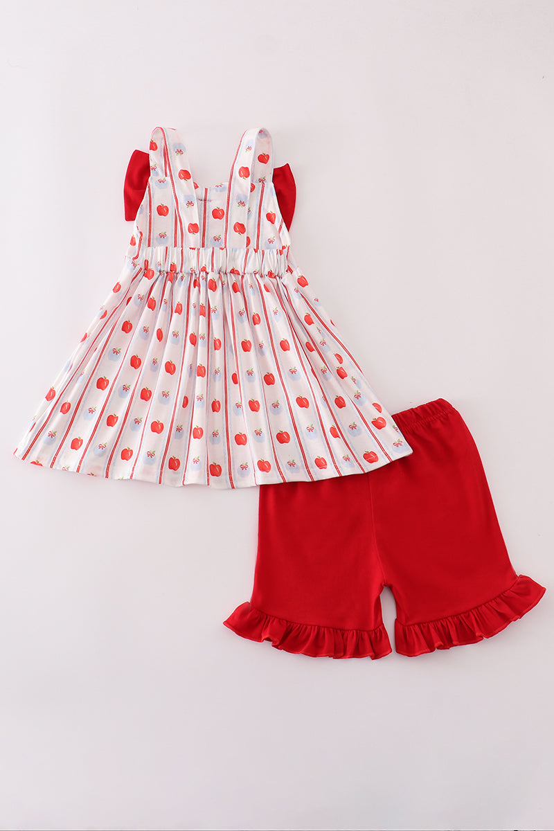 Red apple bow ruffle shorts set