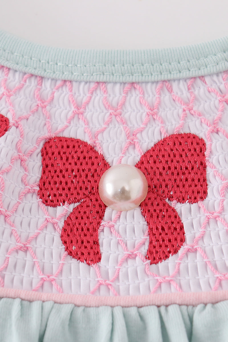 Blue bow pearl smocked bubble