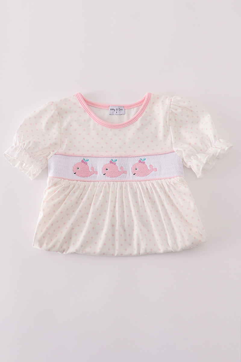 Pink whale embroidery smocked ruffle shorts set