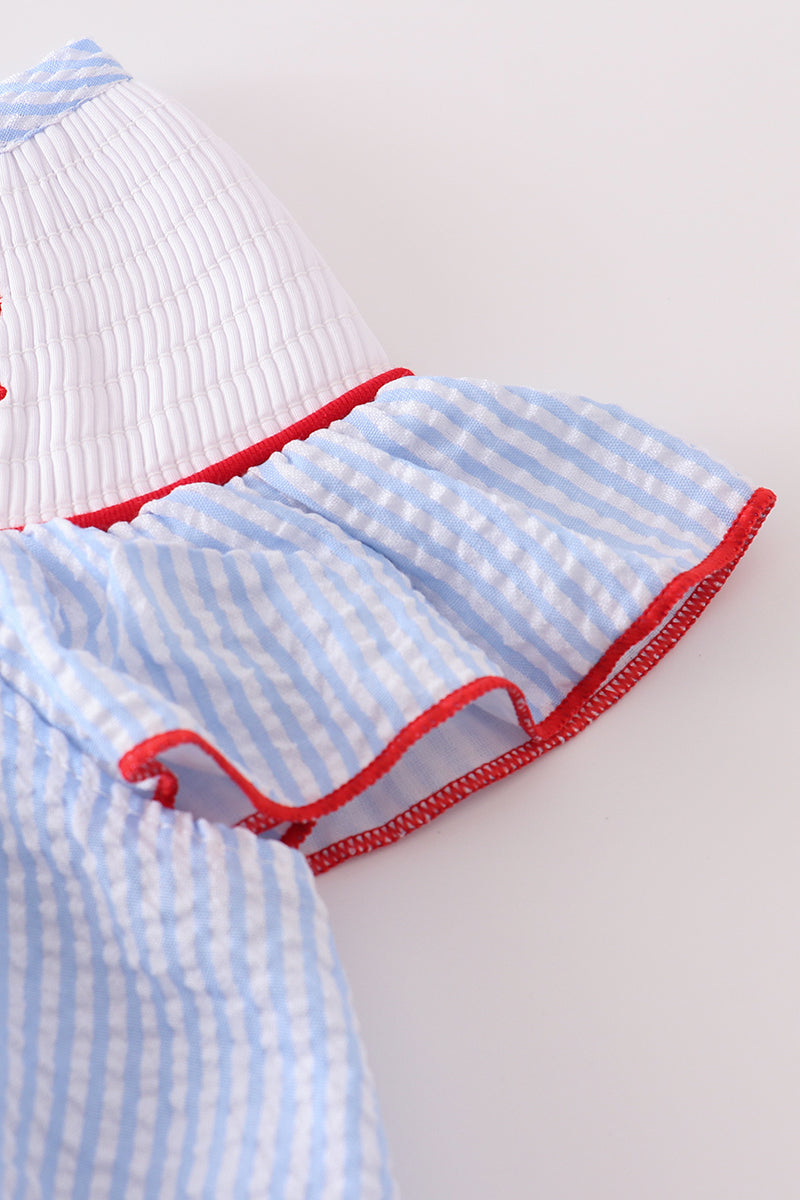 Blue seersucker crab embroidery smocked dress