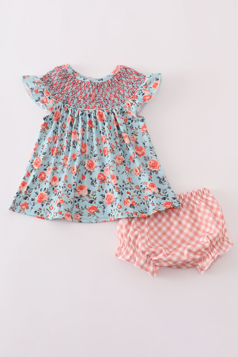 Blue floral smocked bloomer set
