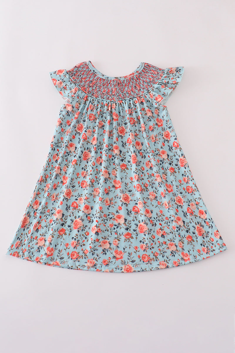 Blue floral smocked dress