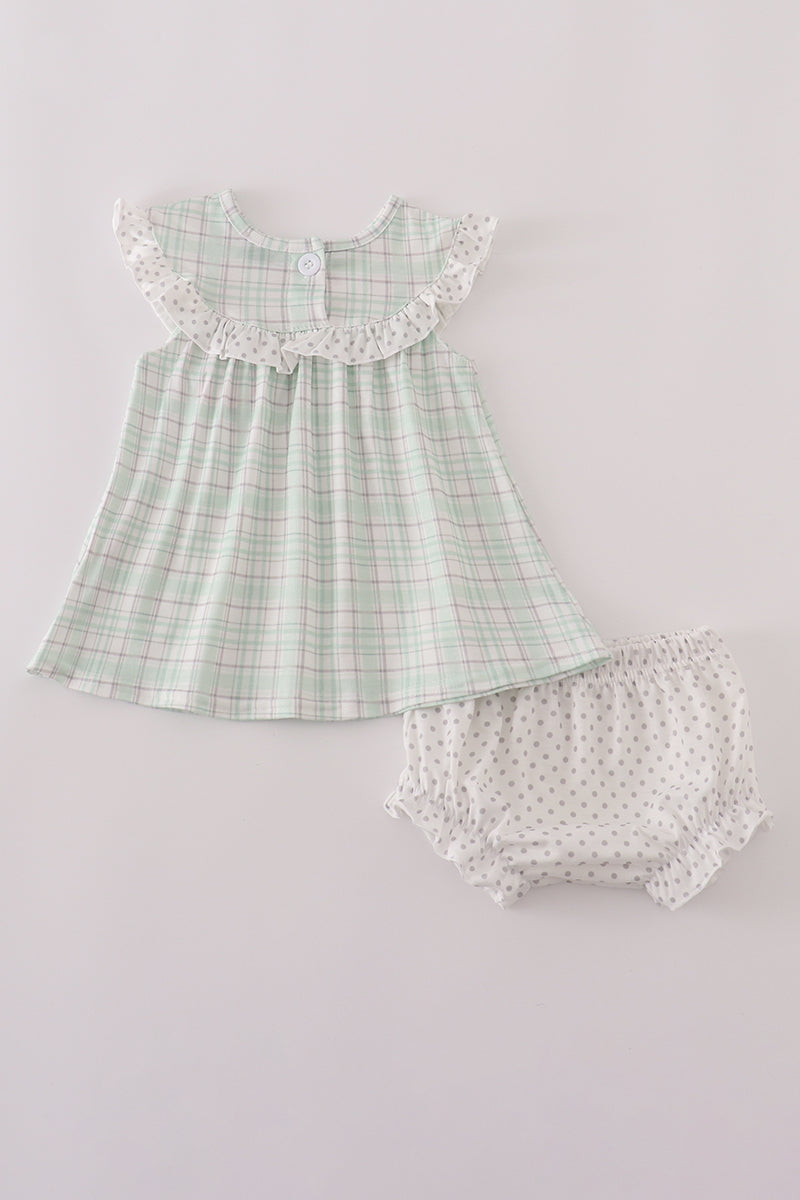 Green plaid sea shell french knot ruffle bloomer set