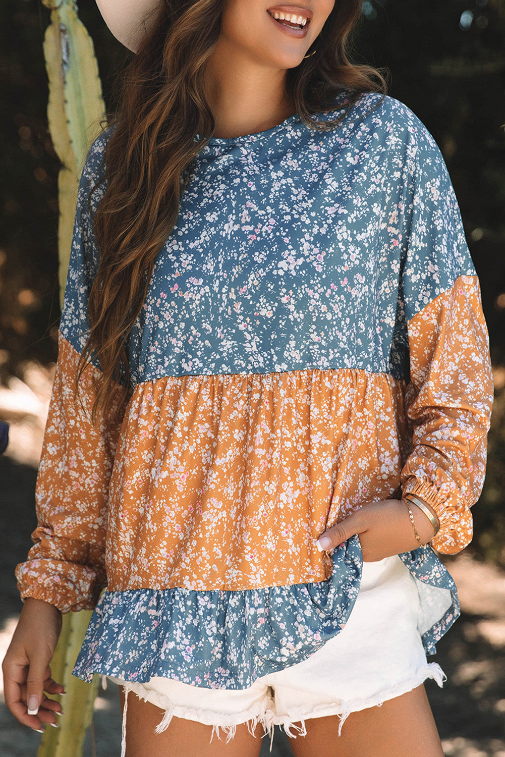 Floral ColorBlock Ruffle Hem Blouse FB