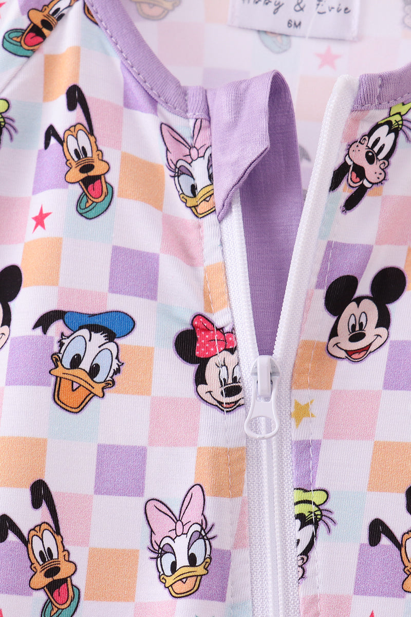 Premium purple character print checkered bamboo romper