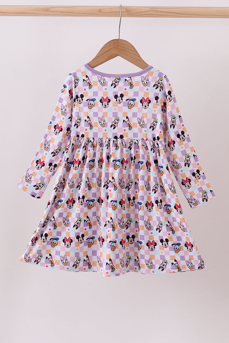 Premium purple character print bamboo checkered dress