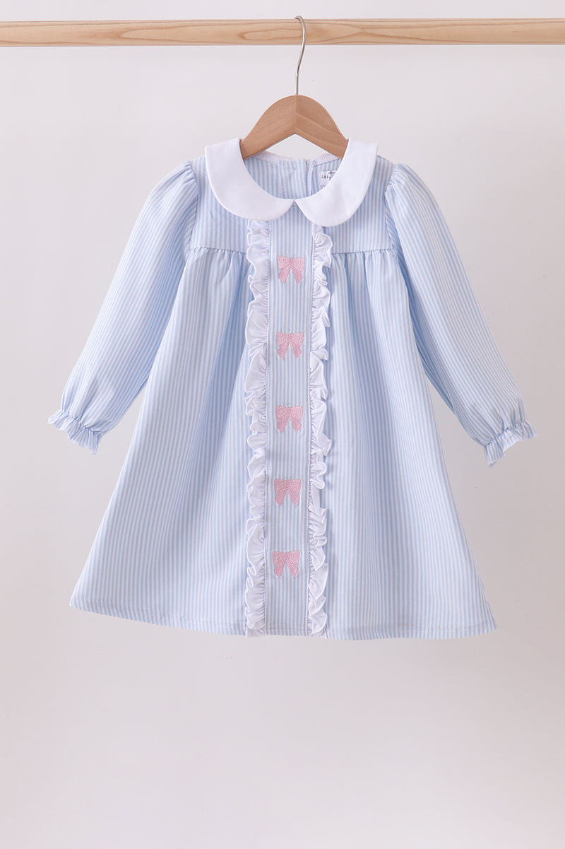 Premium blue stripe bow embroidery dress