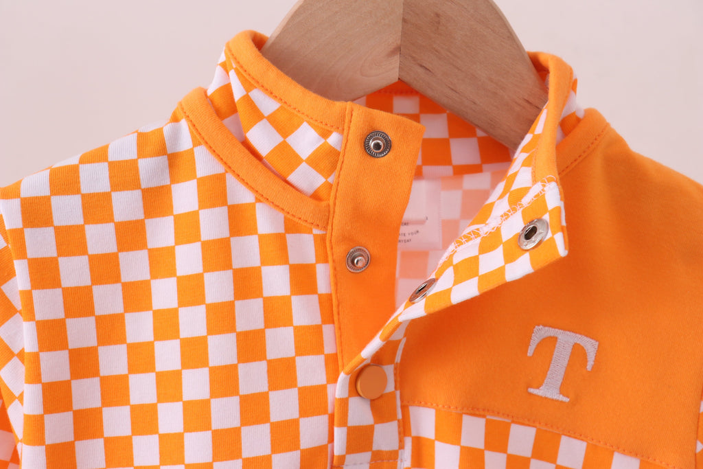 Orange Tennessee checkered pullover ruffle top