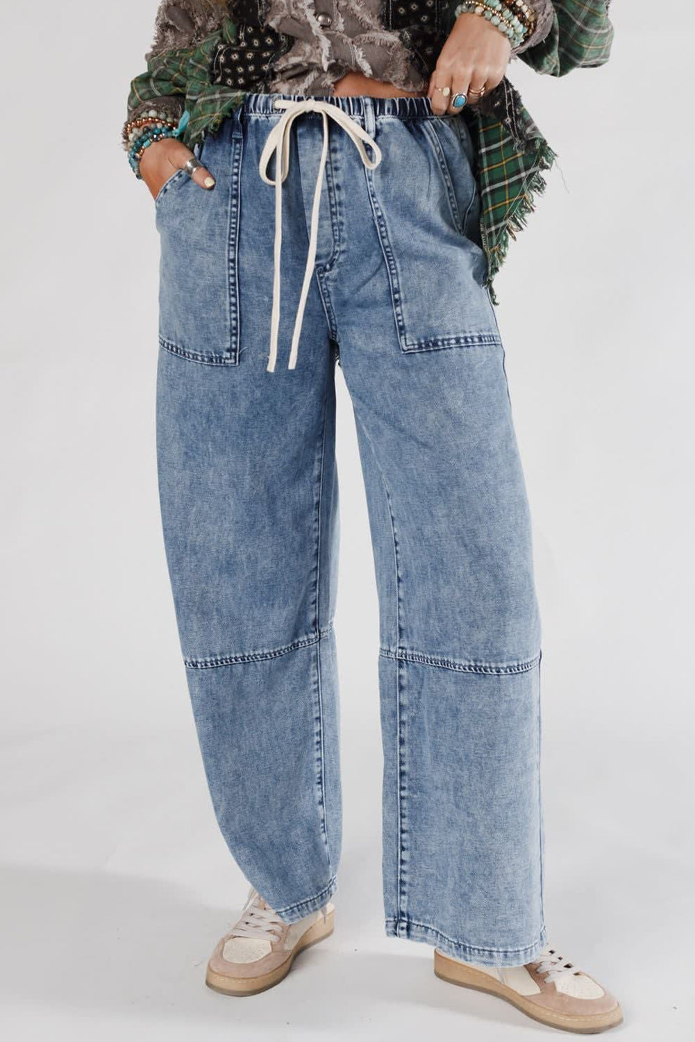 Acid Wash Drawstring Waistband Jeans LT