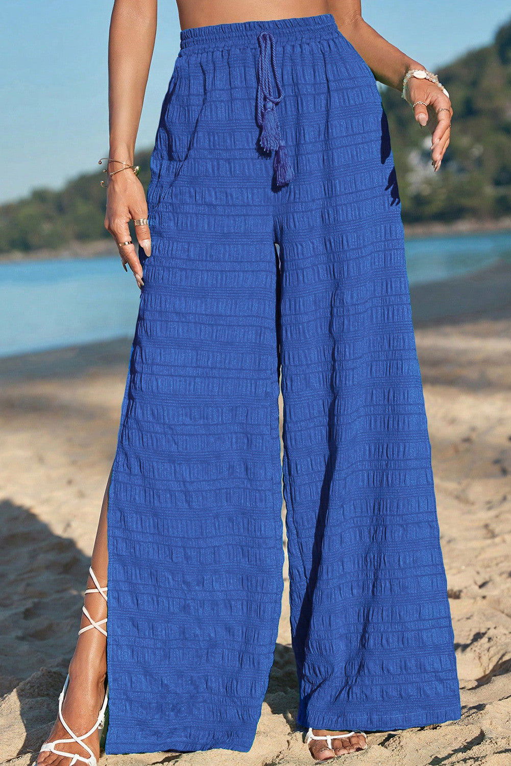 Blue Textured Split Pants FB