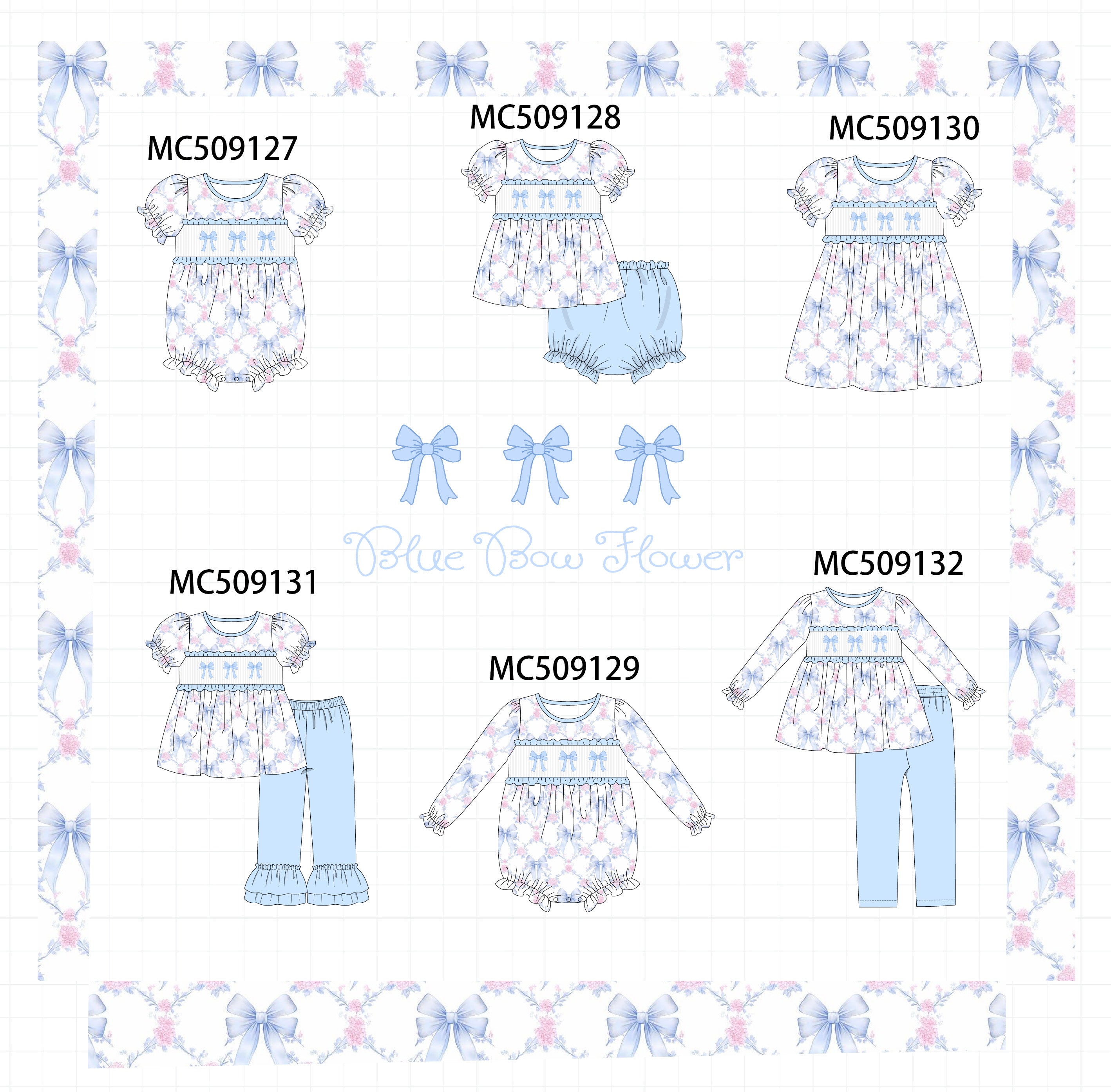 PO65 Blue bow floral embroidery ruffle collection