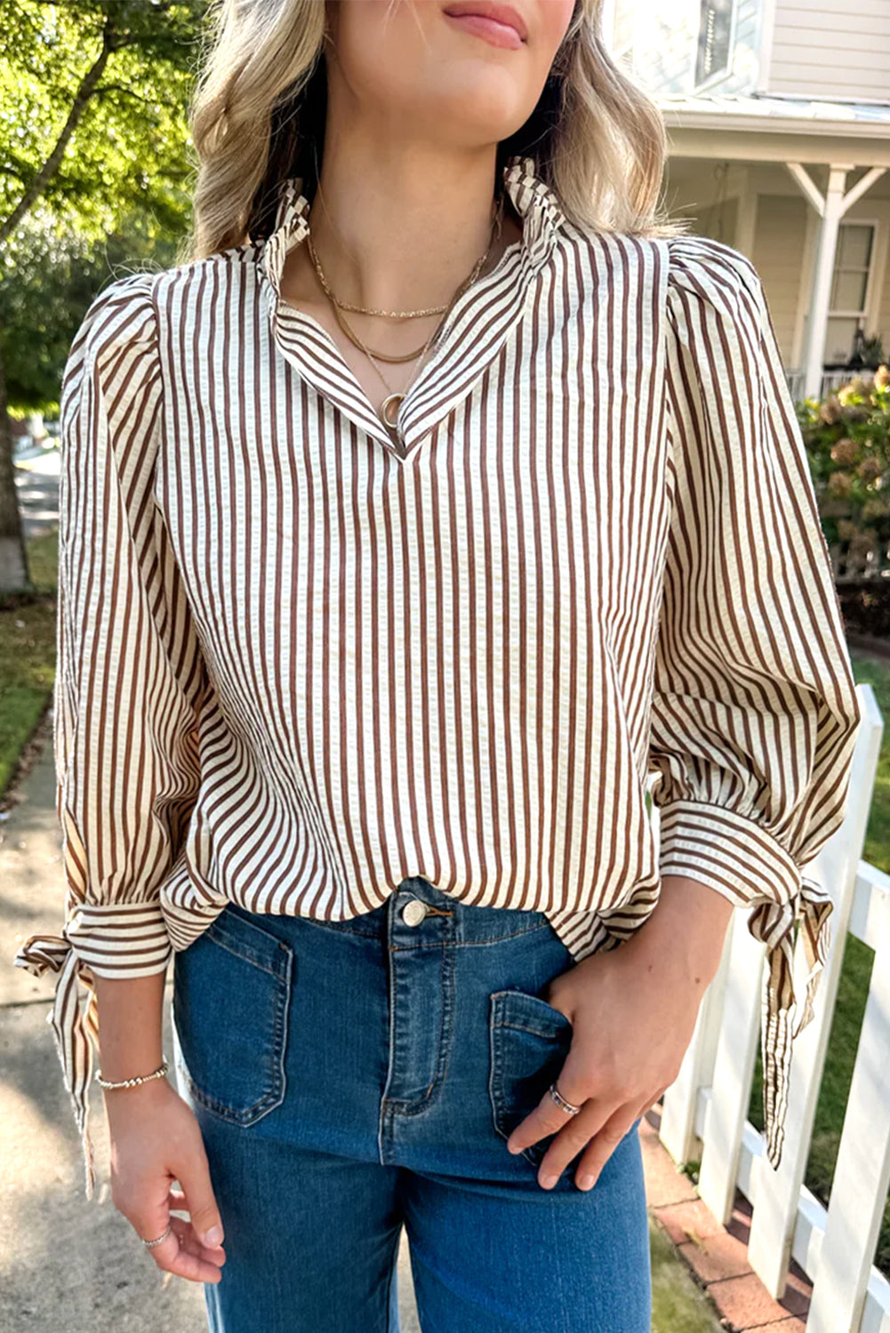 Brown Stripe Seersucker Blouse RTS