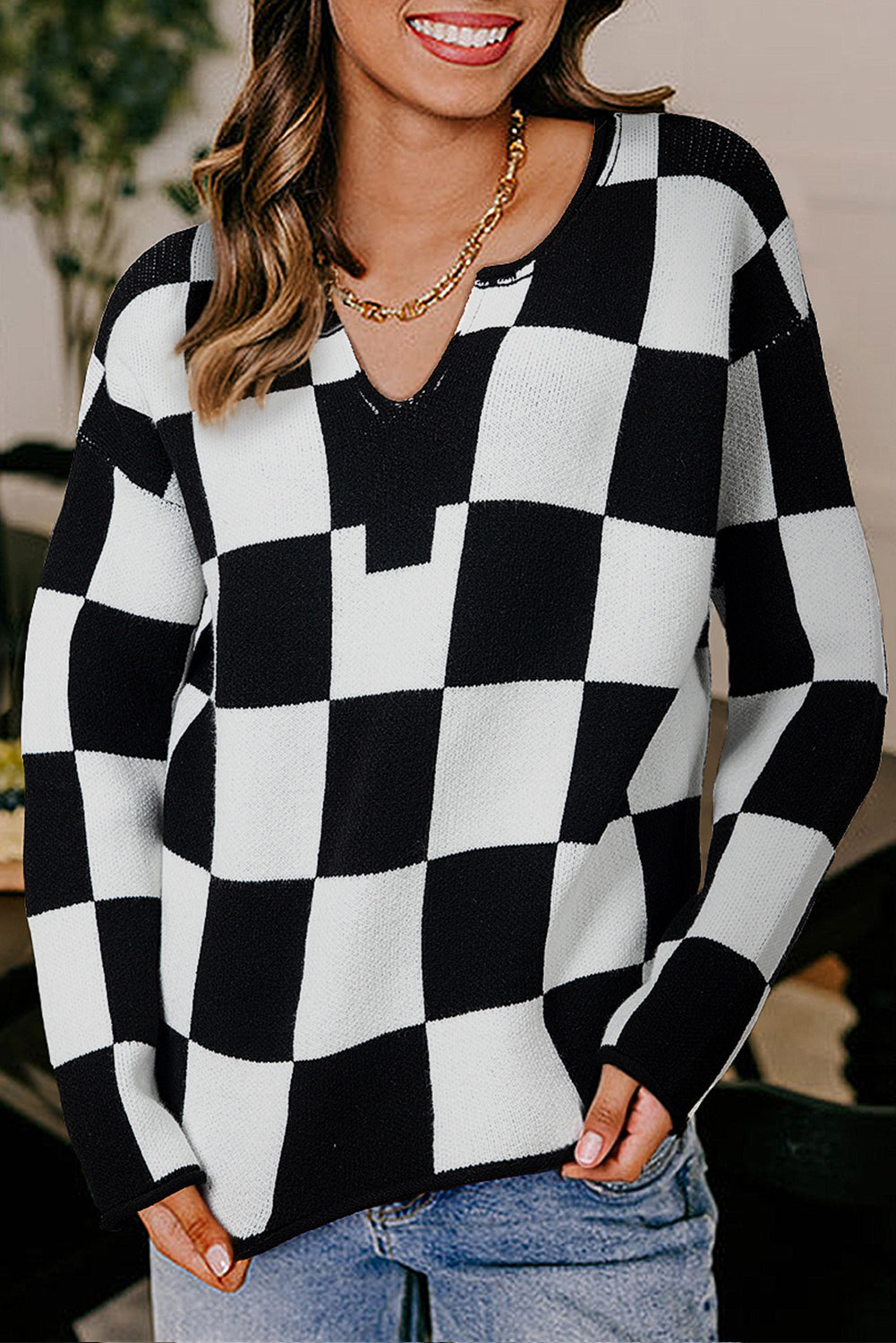 Checkered Notched Neck Sweater FB