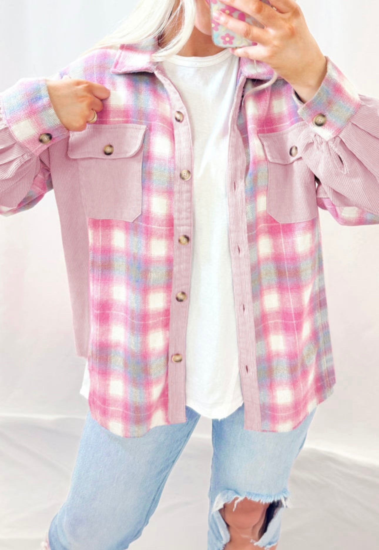 Pink Plaid Corduroy Shacket FB