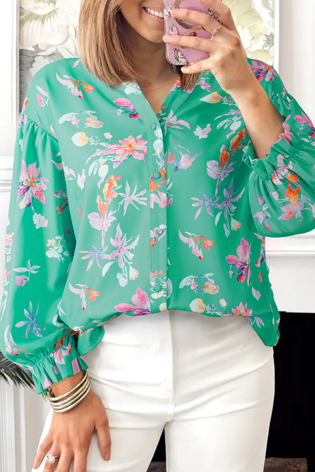 Green Floral Button Top FB