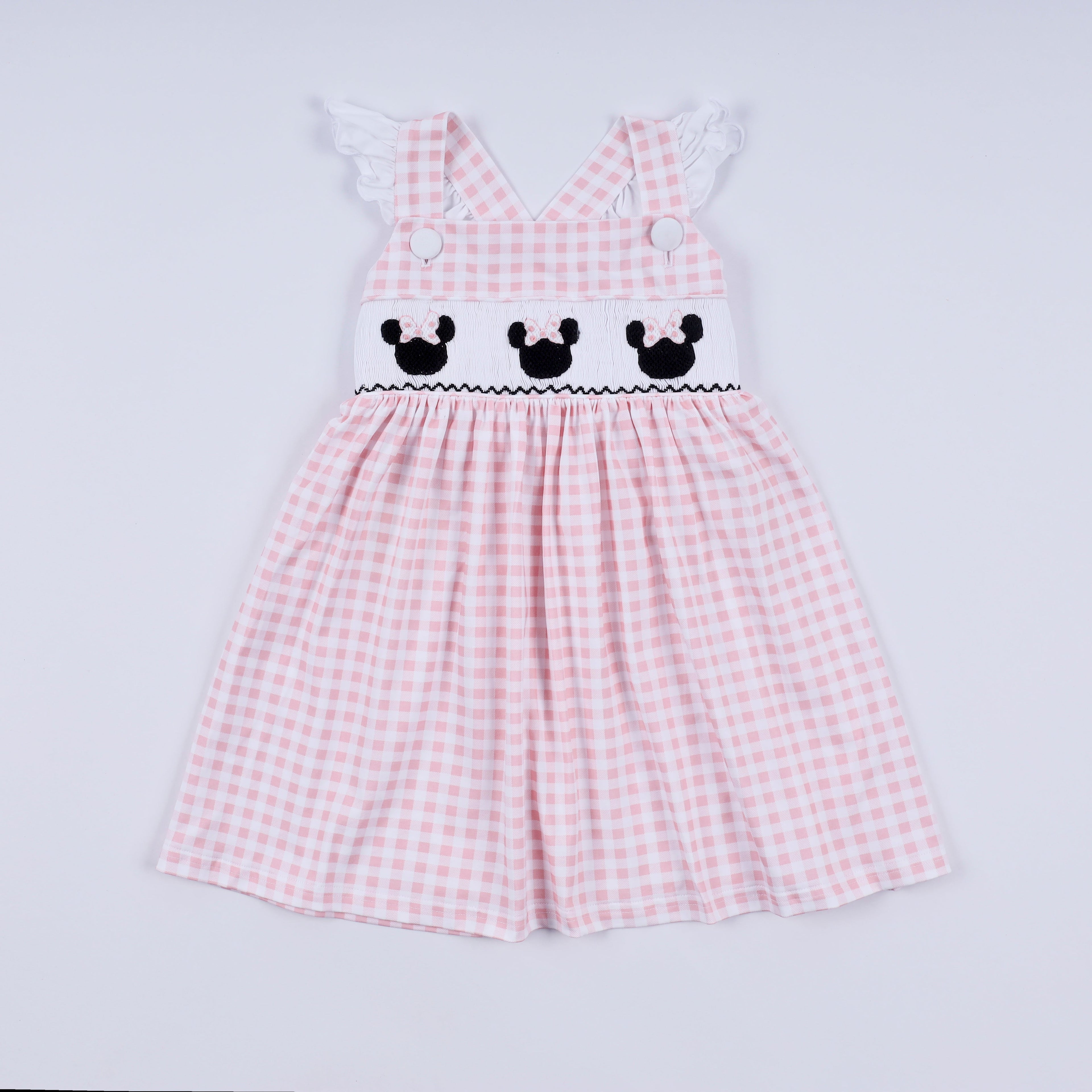 Pink character hand smocked gingham ruffle dress