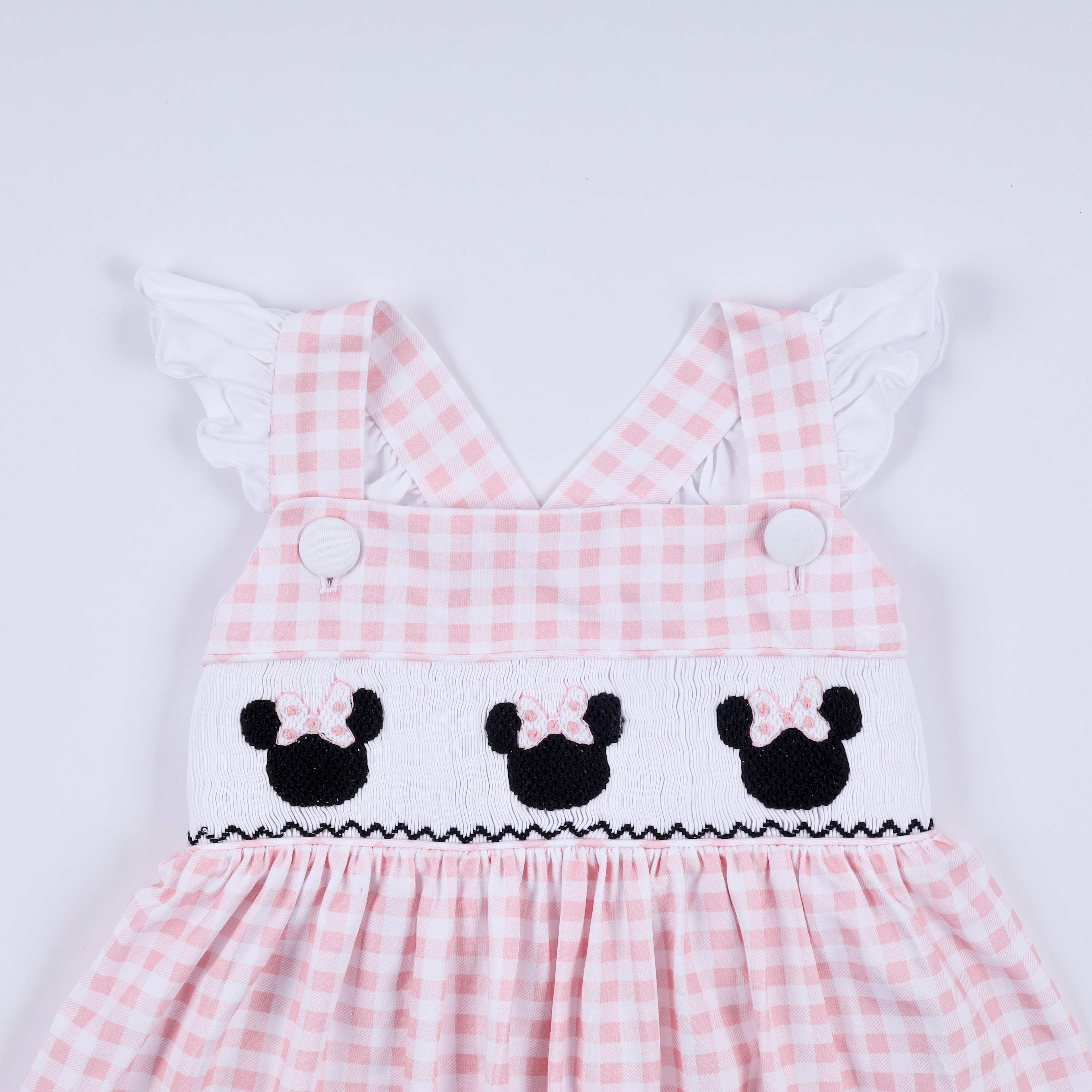 Pink character hand smocked gingham ruffle dress