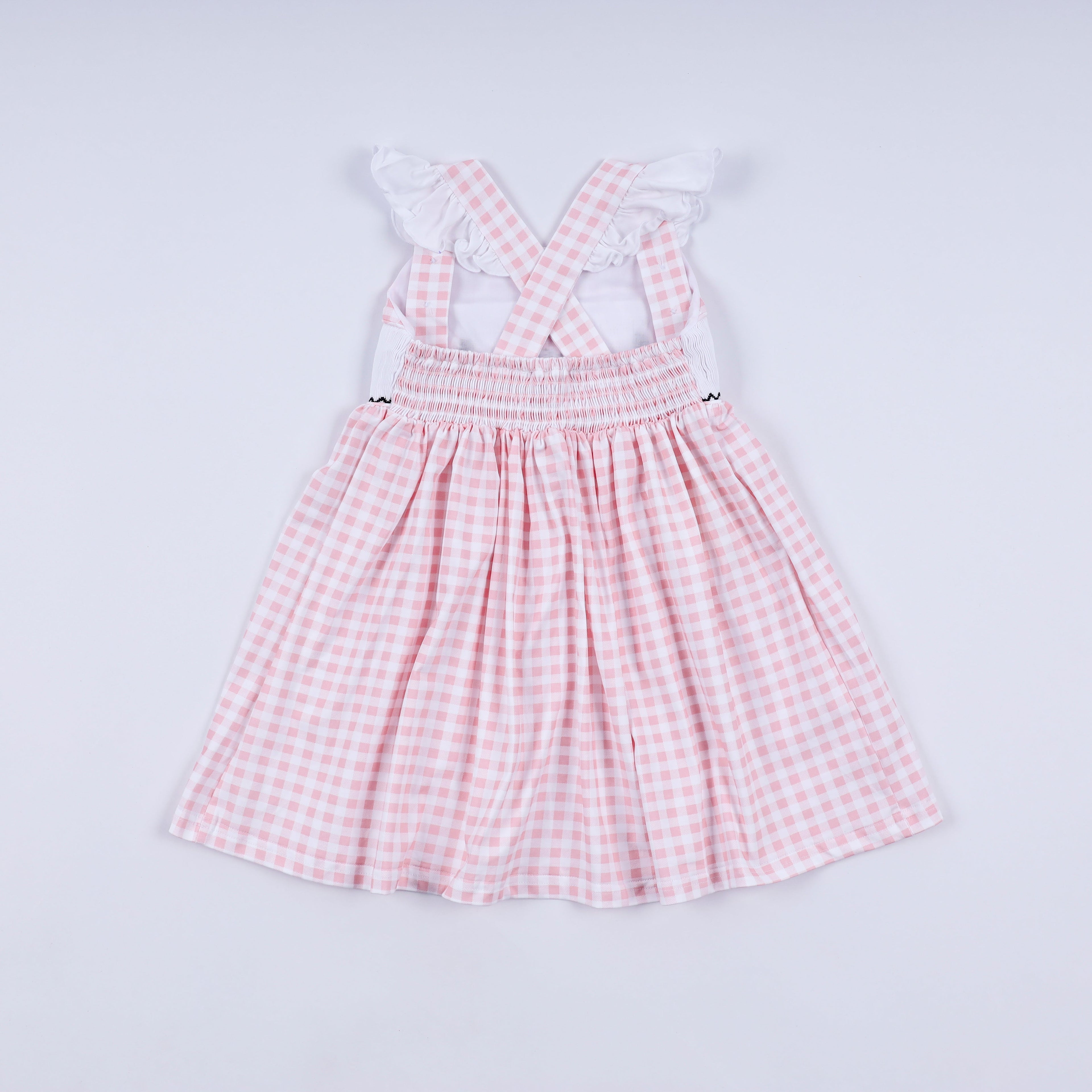 Pink character hand smocked gingham ruffle dress