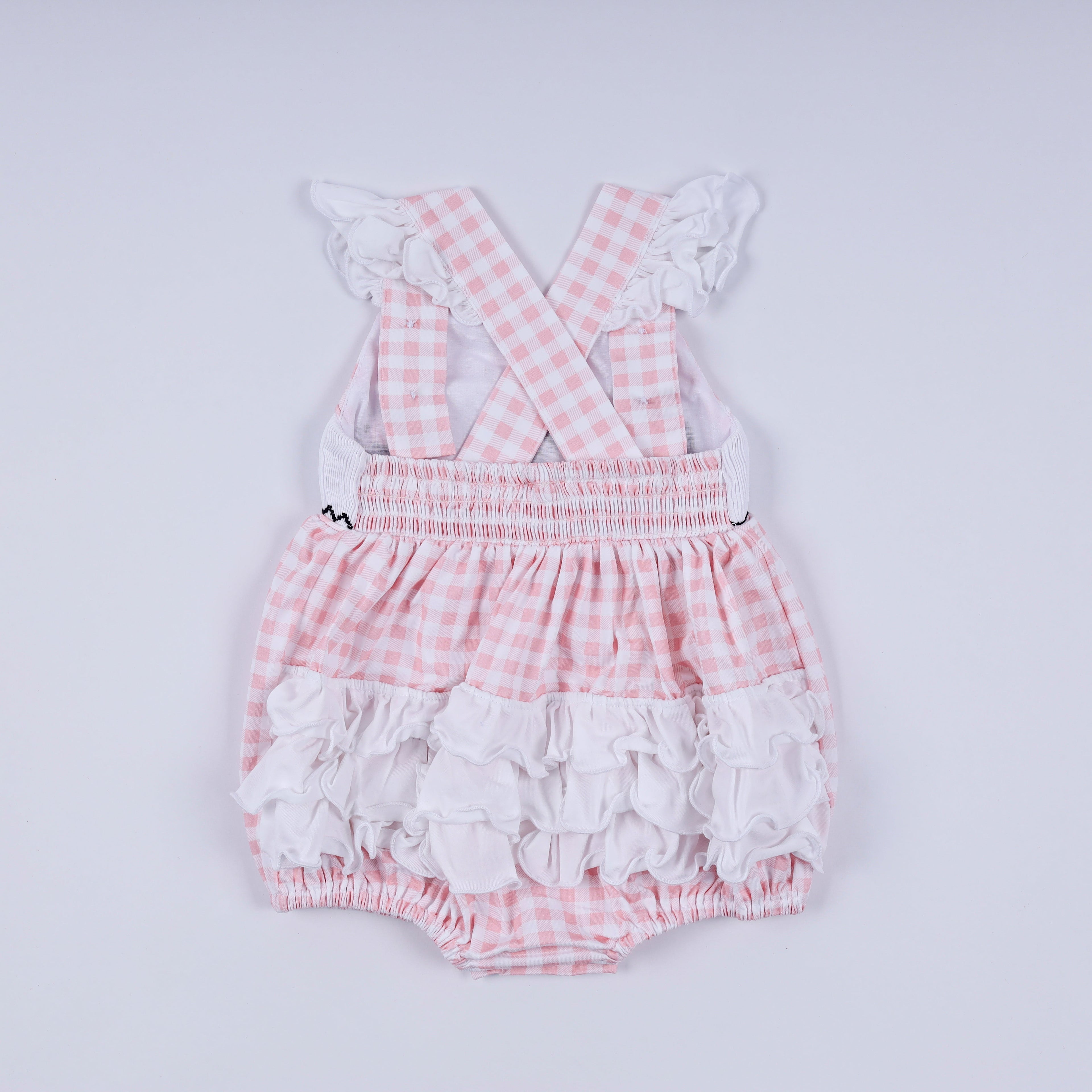 Pink character hand smocked gingham ruffle bubble