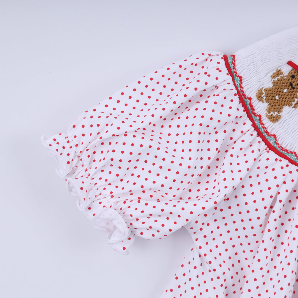 Red gingerbread hand smocked ruffle pants set