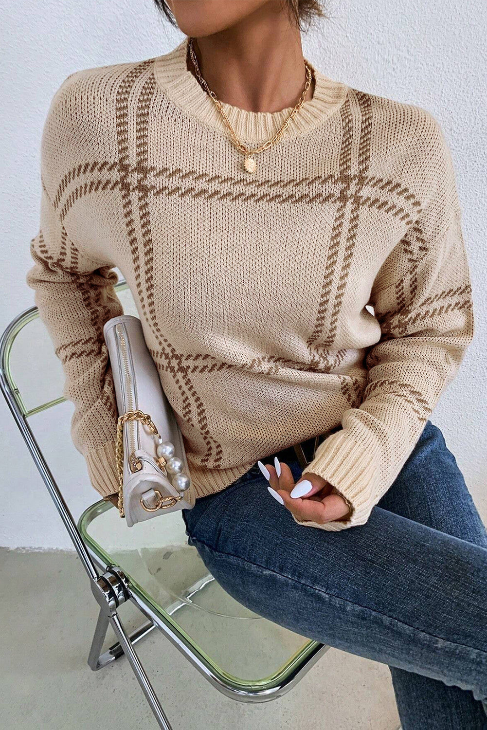 Khaki Plaid Pattern Sweater FB