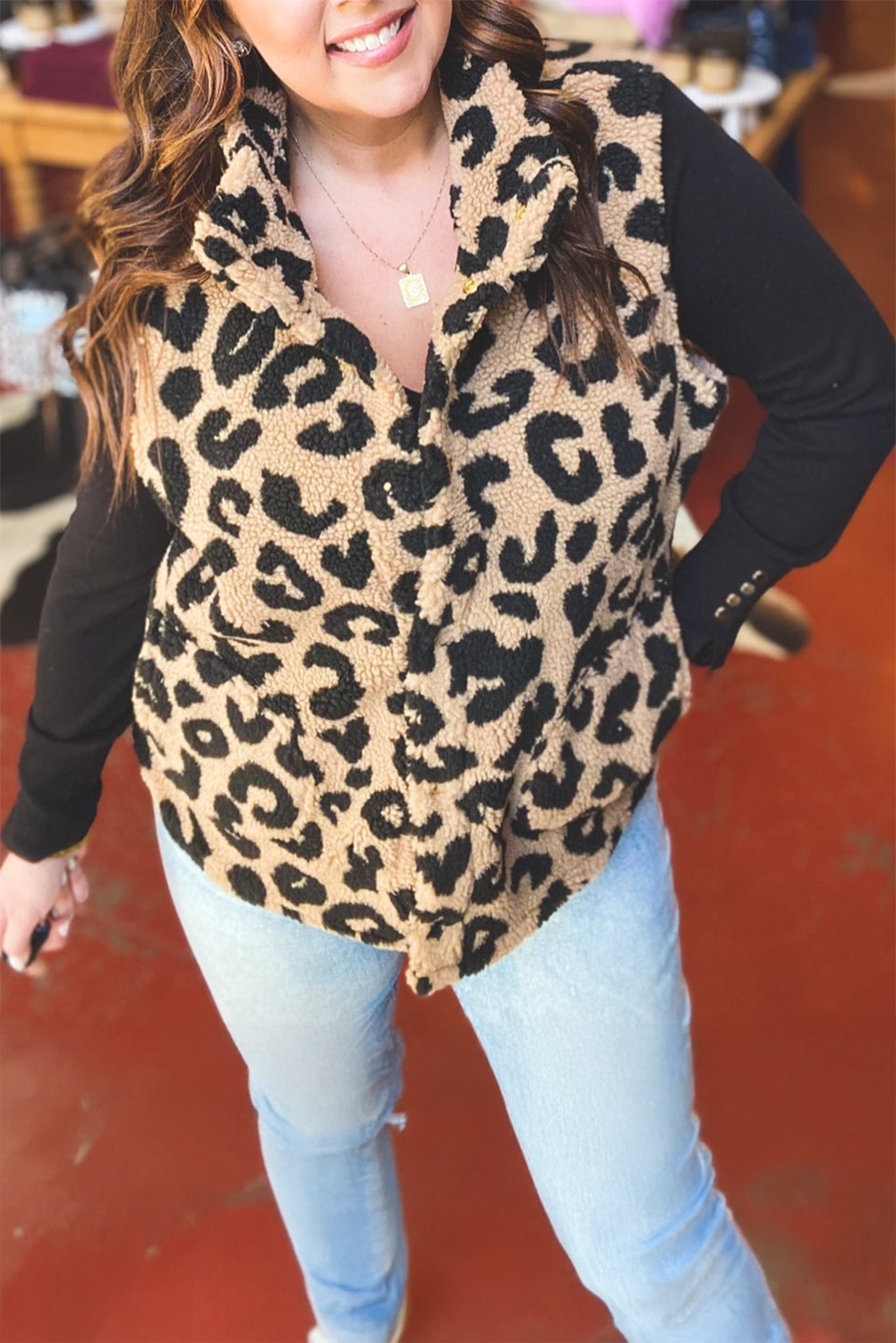 Leopard Sherpa Plus Size Vest FB