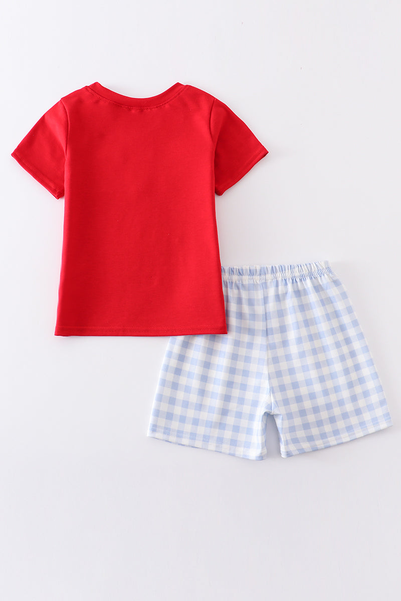 Blue plaid baseball embroidery boy set