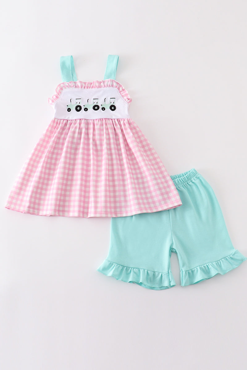 Pink tractor embroidery plaid girl set