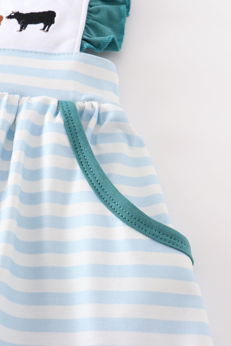Blue stripe cow embroidery dress