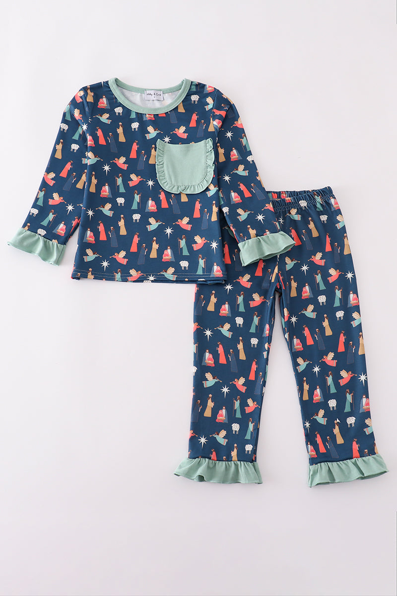 Navy nativity print ruffle pants set