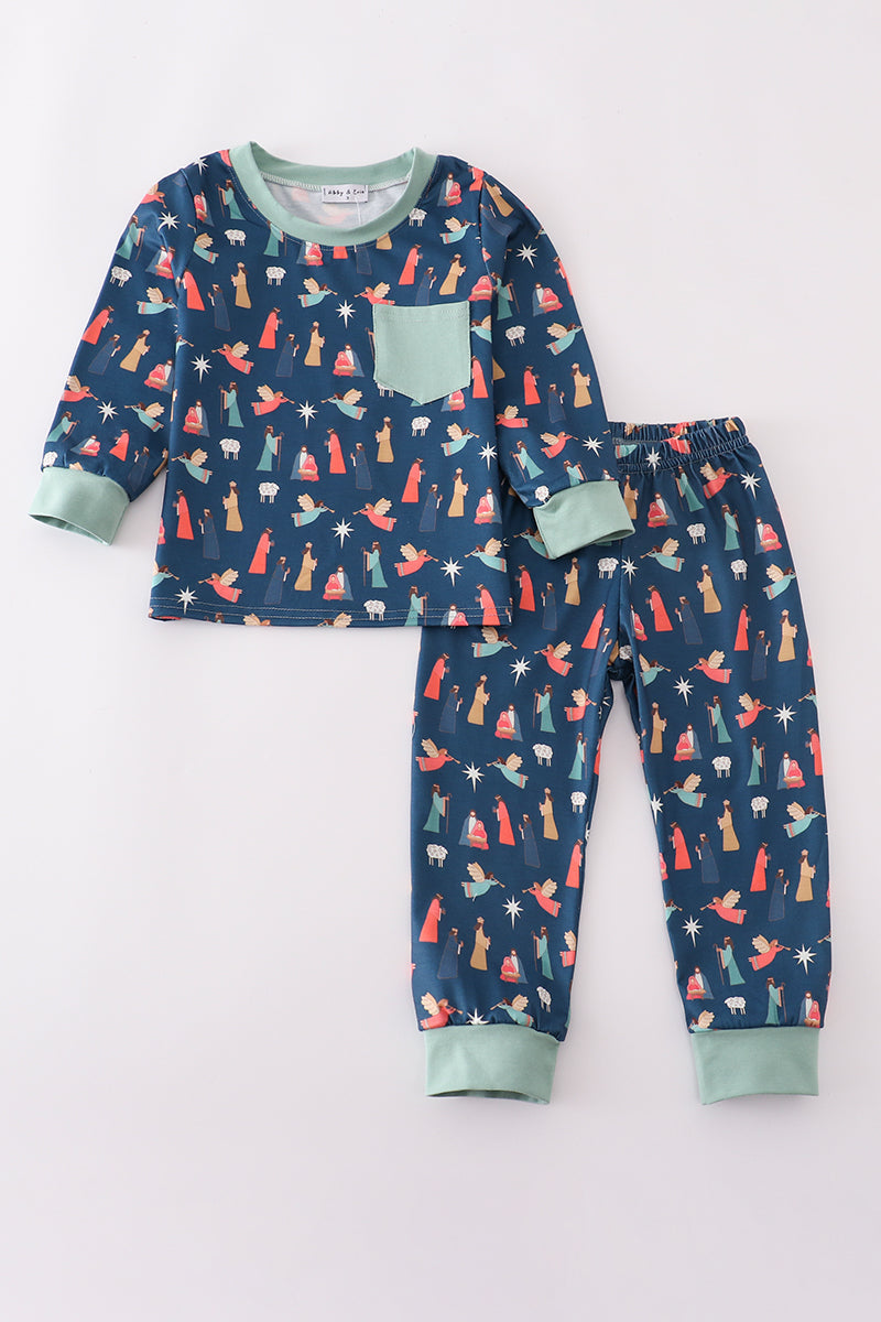 Navy nativity print pants set