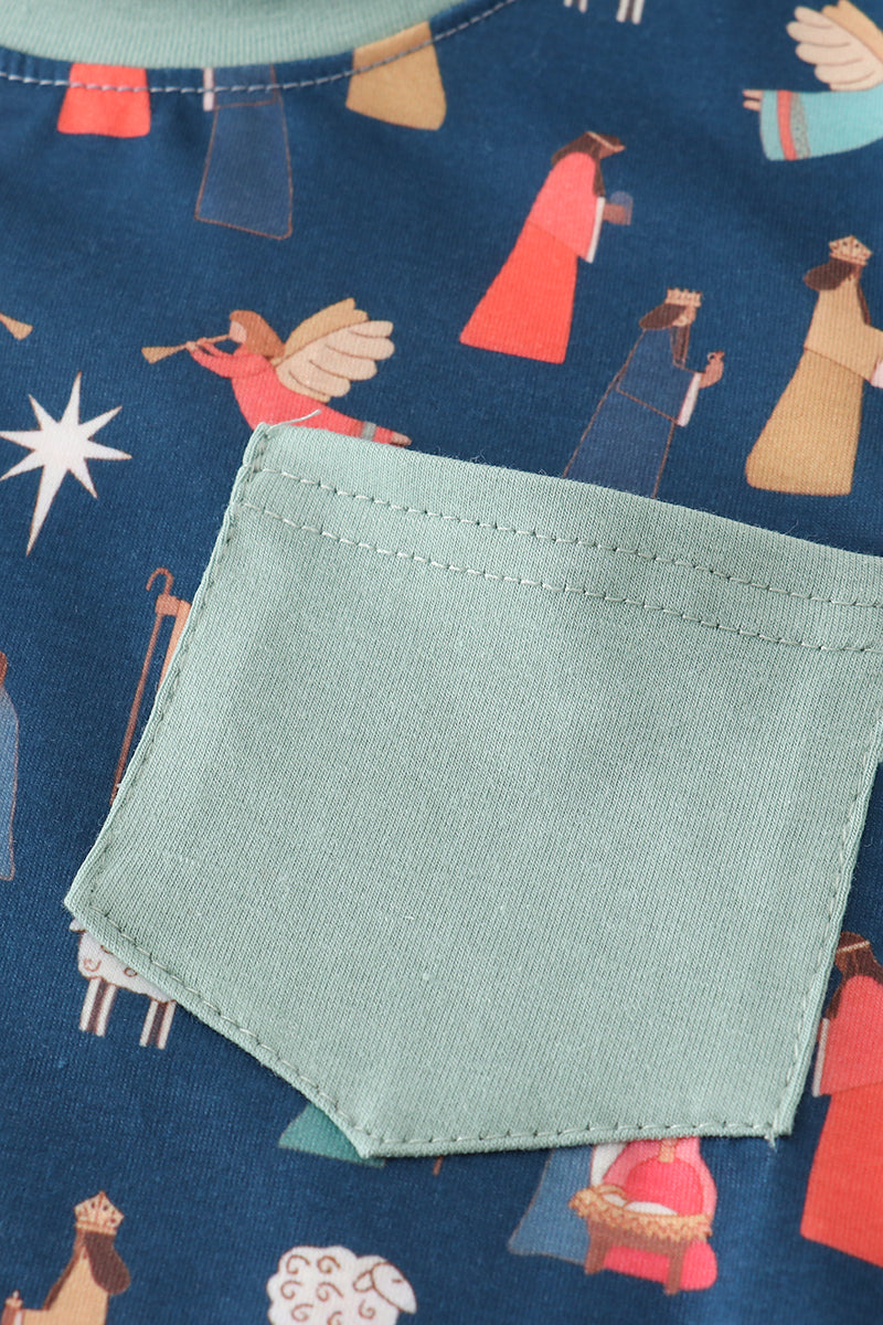 Navy nativity print pants set