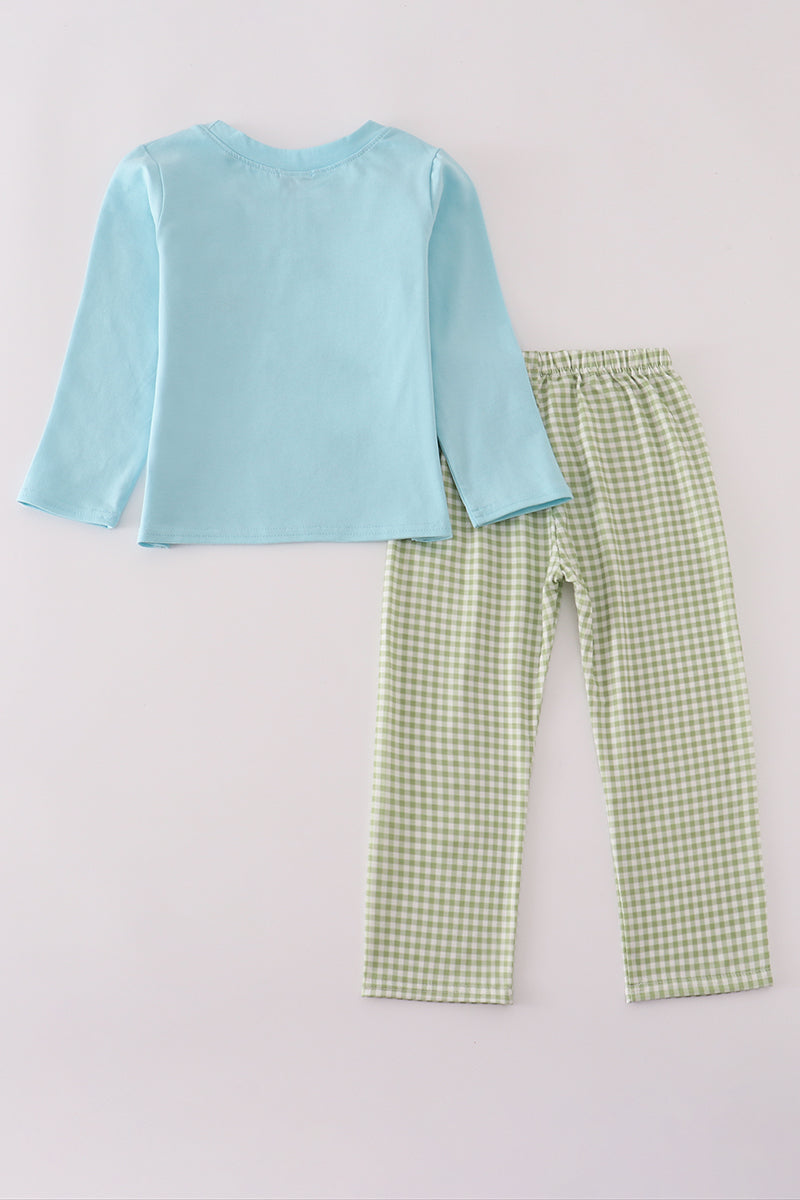 Blue tractor embroidery pants set