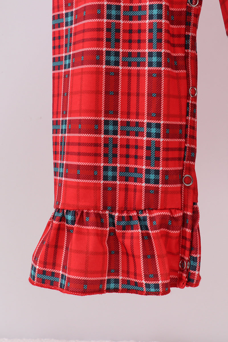 Red tree embroidery plaid ruffle jumpsuit set